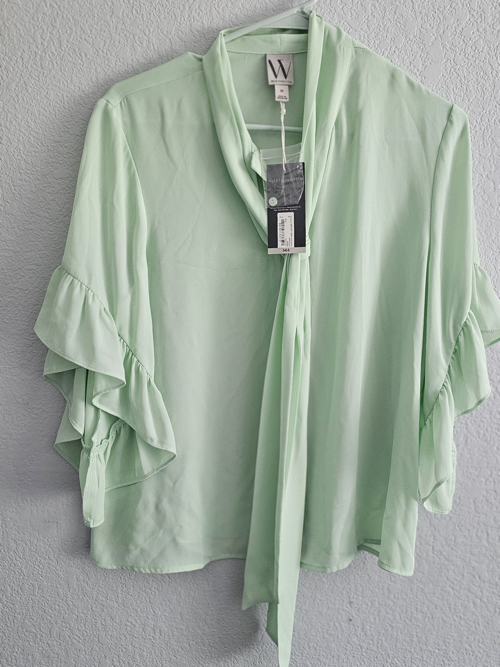 NWT Worthington Mint Green Tie-Neck Ruffle Sleeve Blouse